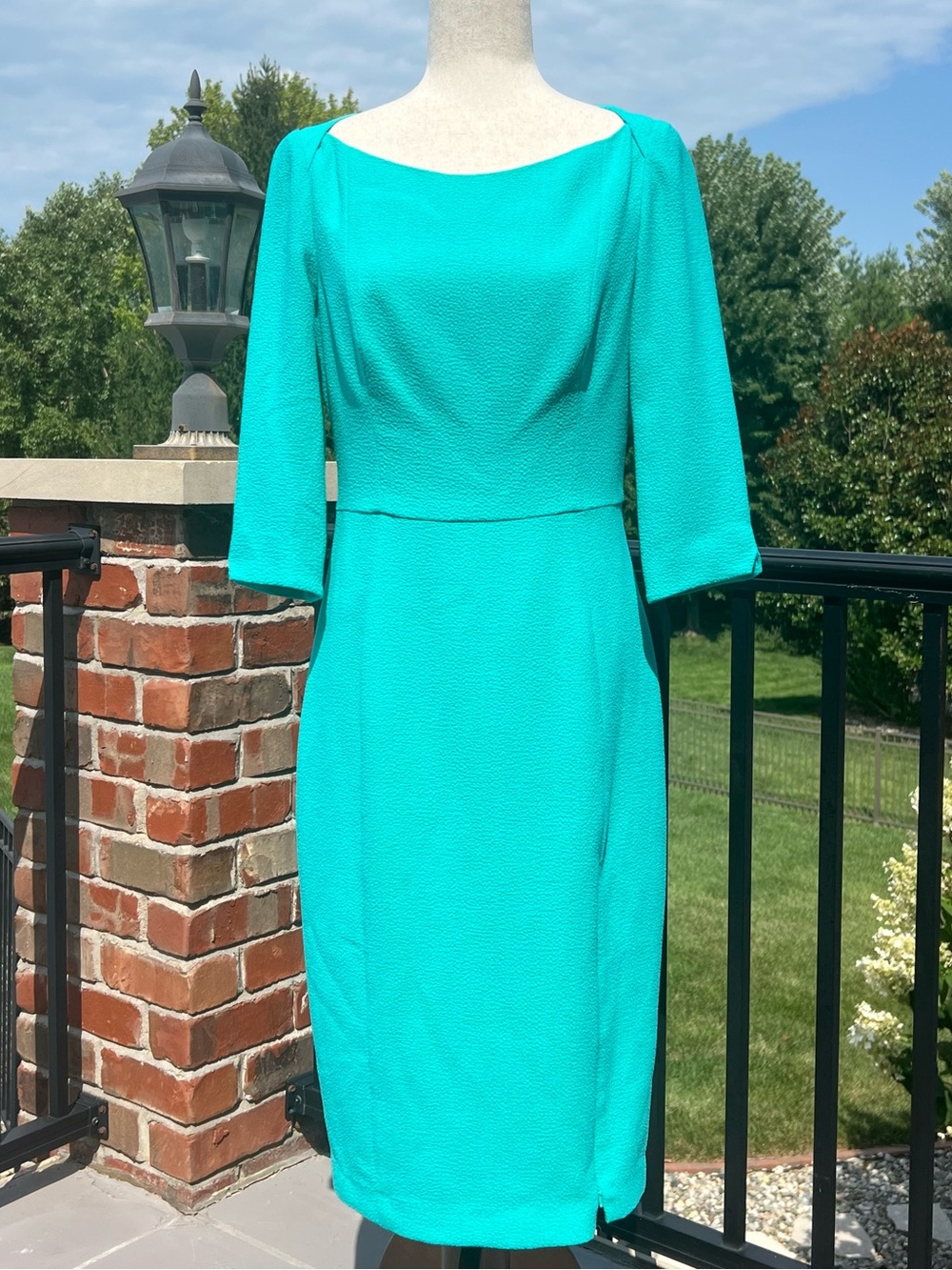 Black Halo Turquoise Teal Sheath Dress 3/4 Sleeve Career Cocktail Dress - Picture 2 of 16